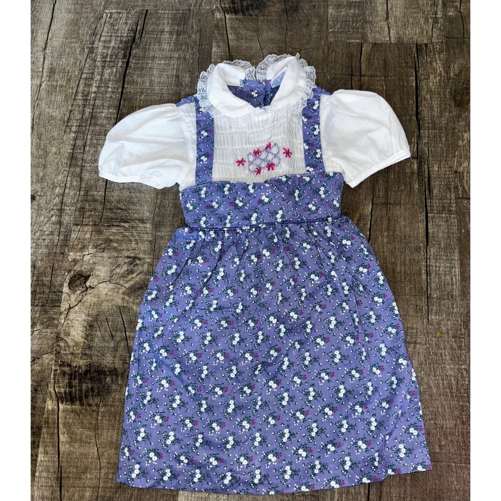 Hand‎ Smocked by Pioneer Girls Purple Floral Smocked Pinafore Dress Lace Collar